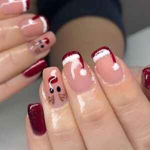 $3/$15 Christmas Holiday Santa Reindeer Hat Red White French Tip Press On Nails
